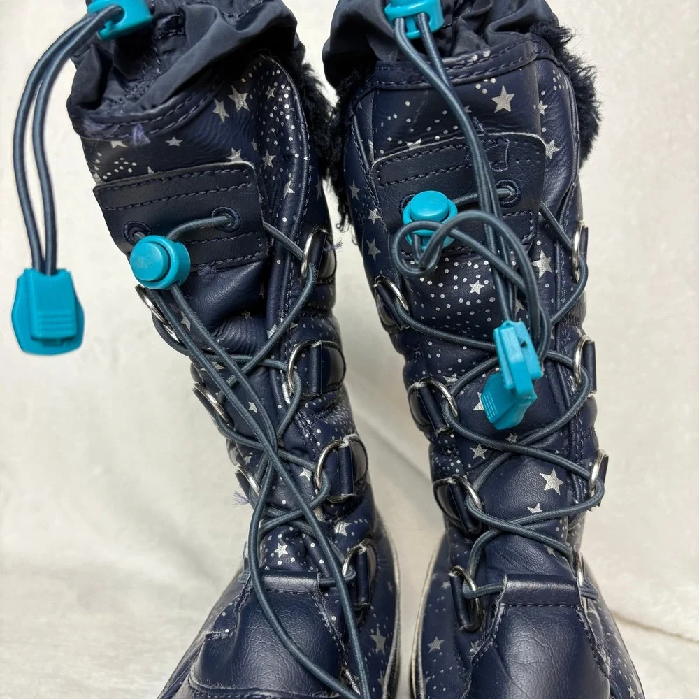 Lands' End Kids Navy Blue Star Print Winter Snow Boots Fur‎ Trim Warm Waterproof